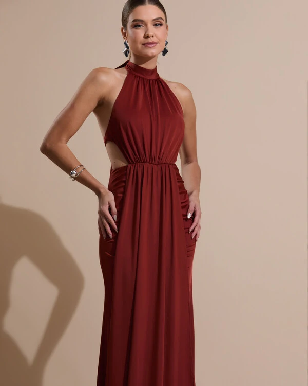 Vestido de Festa Longo Malha Jersey Gola Alta Saia Sereia Terracota
