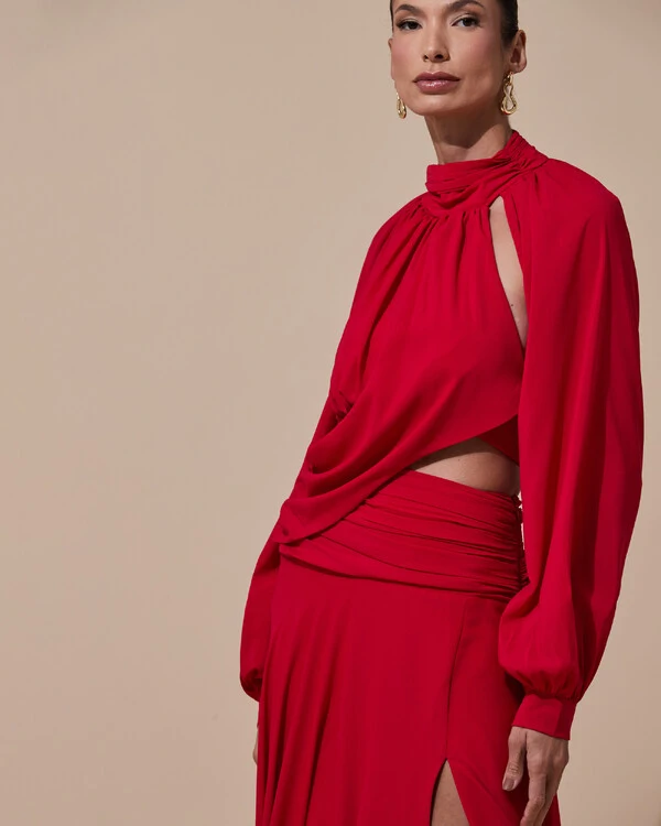 Vestido de Festa Longo Gola Alta Crepe Chiffon Recortes Drapeado Manga Longa Fenda Vermelho