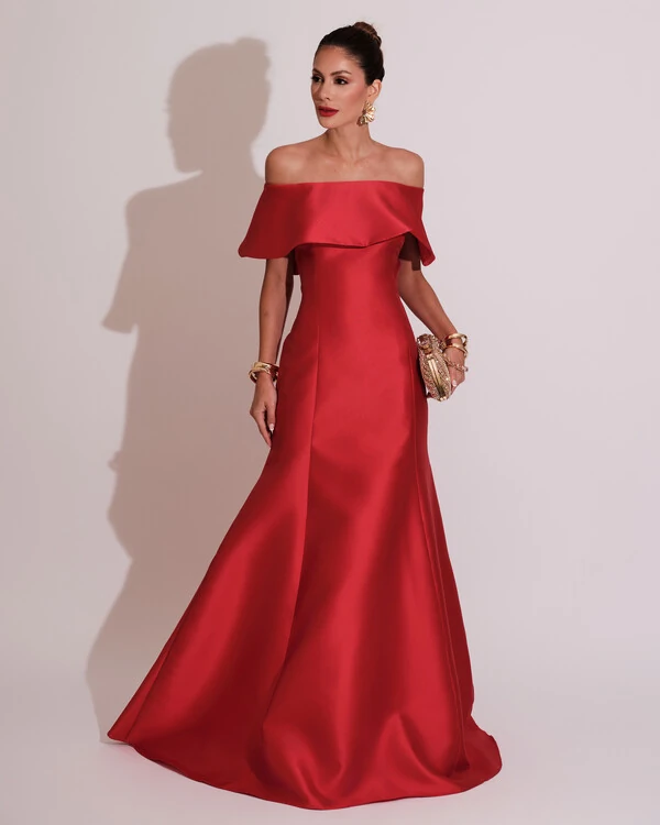 Vestido de Festa Longo Ombro a Ombro Zibeline com Babado Vermelho