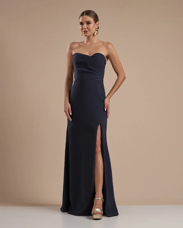 Vestido de Festa Longo Tomara que Caia Alfaiataria Azul Marinho Escuro