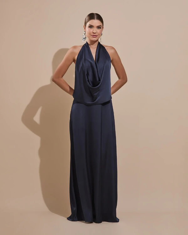 Vestido de Festa Longo Cetim Fluido Frente Única Degagê Mil Formas Azul Marinho