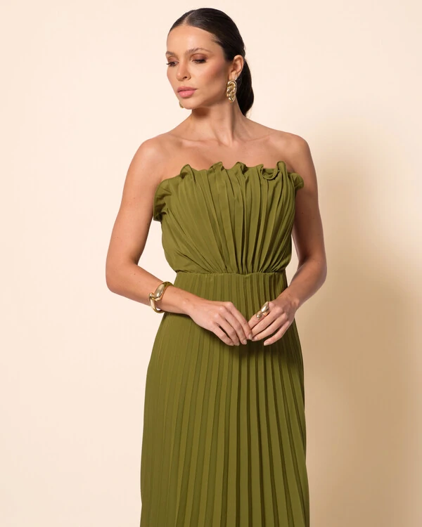 Vestido de Festa Longo Tomara que Caia Plissado Detalhe Verde Oliva New