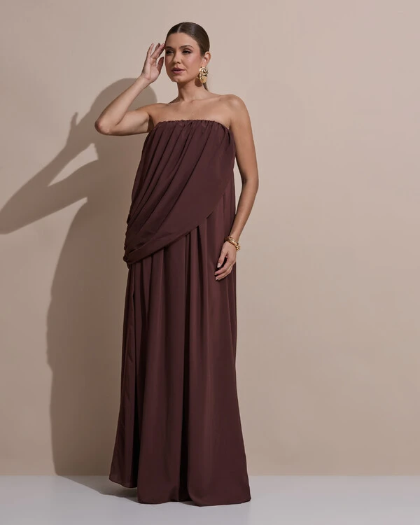 Vestido de Festa Longo Tomara Que Caia Crepe Chiffon Drapeado Marrom