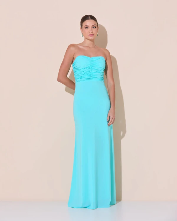 Vestido de Festa Longo Ombro a Ombro Plissado Crepe Chiffon Capa Flor 3D Tiffany