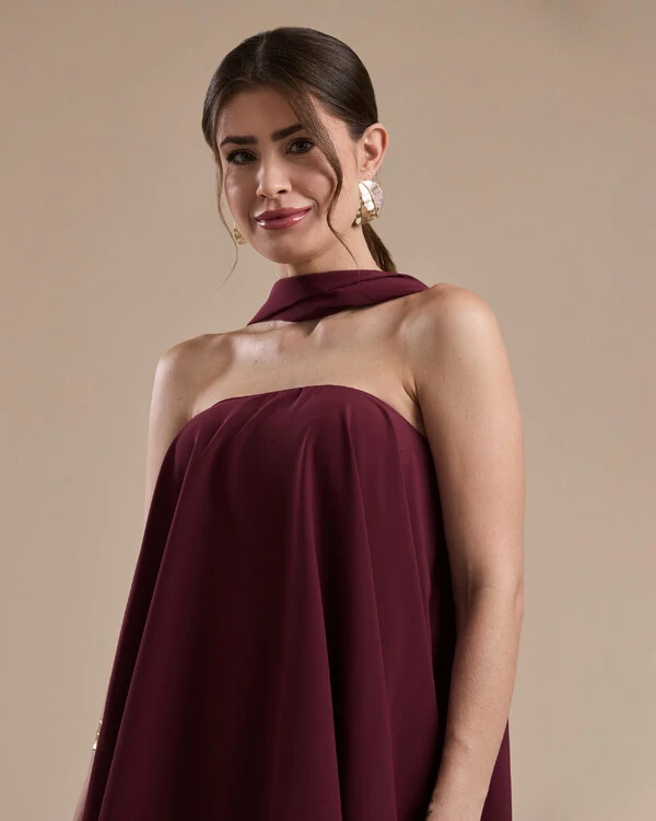 Vestido de Festa Longo Chiffon Crepe em Camadas com Lenço Marsala