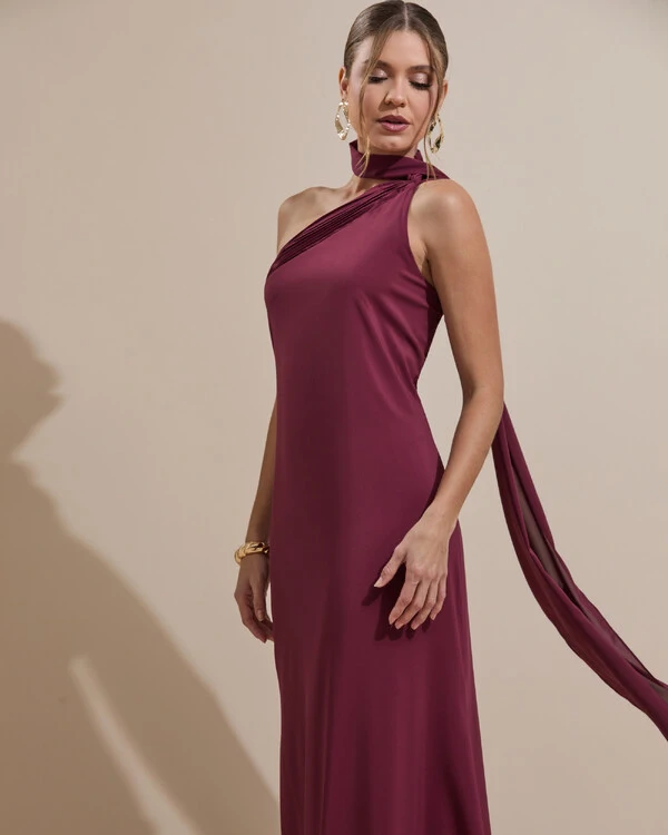 Vestido de Festa Longo Crepe Chiffon Um Ombro Só Drapeado Marsala