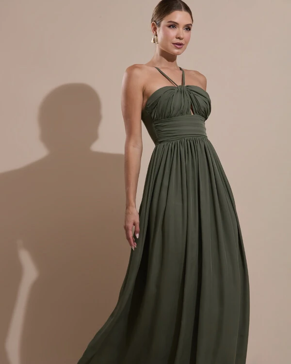 Vestido de Festa Longo Crepe Chiffon Drapeado com Alças Finas Verde Oliva