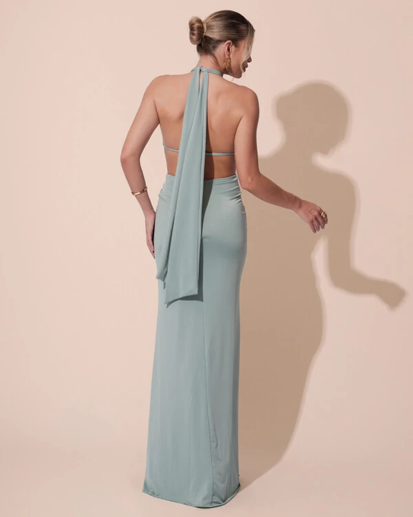 Vestido de Festa Longo Malha Jersey Gola Alta Saia Sereia Verde Menta