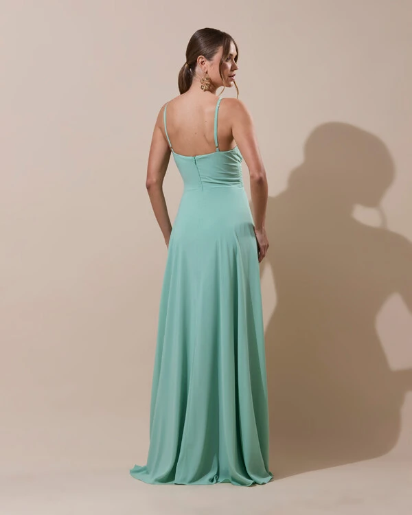 Vestido de Festa Longo Crepe Chiffon Drapeado com Alças e Saia Fluida Verde Menta