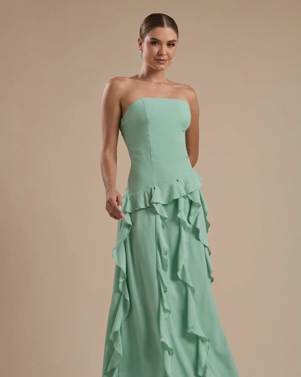 Vestido de festa Longo Tomara que Caia Crepe Chiffon com Bababos Cascata e Fenda Verde Menta