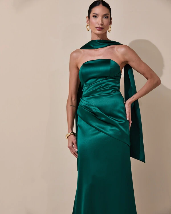 Vestido de Festa Longo Tomara que Caia Cetim Alfaiataria Drapeado Lenço Verde Escuro