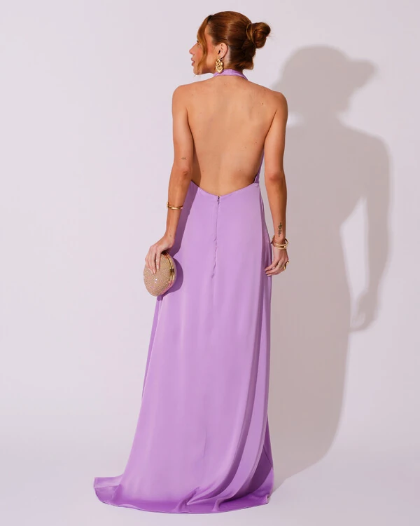 Vestido de Festa Longo Frente Única Degagê Cetim Fluido Lilás