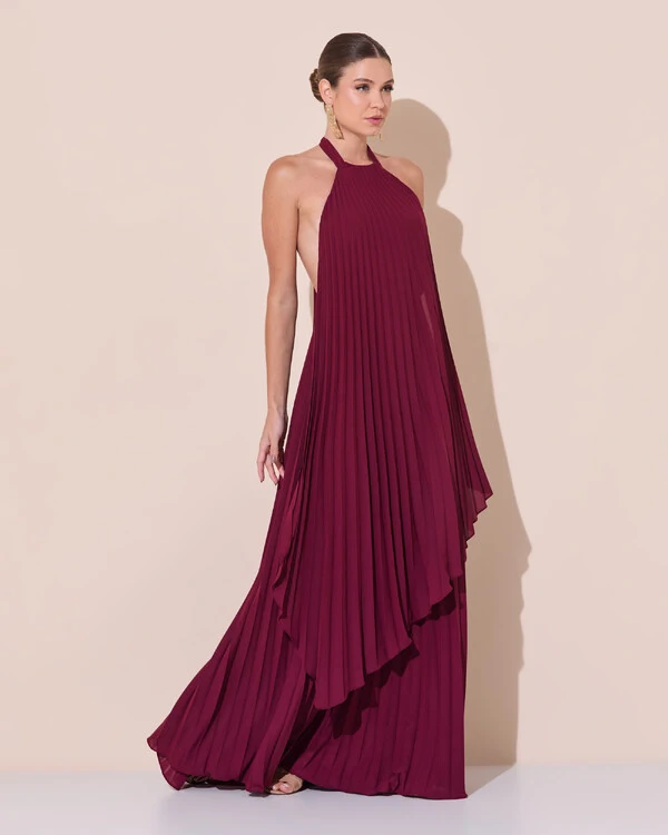Vestidos de Festa Longo Chiffon Fluido Frente Única Plissado Duplo Marsala