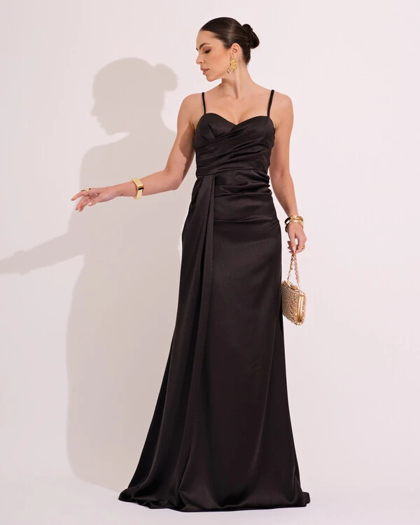 Vestido de Festa Longo Cetim Alfaiataria Fenda Drapeada Preto