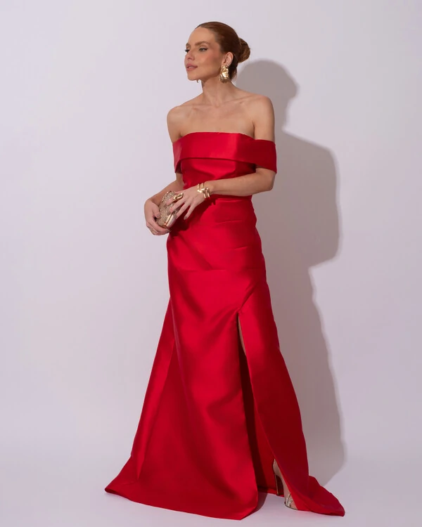 Vestido de Festa Longo Zibeline Ombro a Ombro Drapeado e Fenda Vermelho