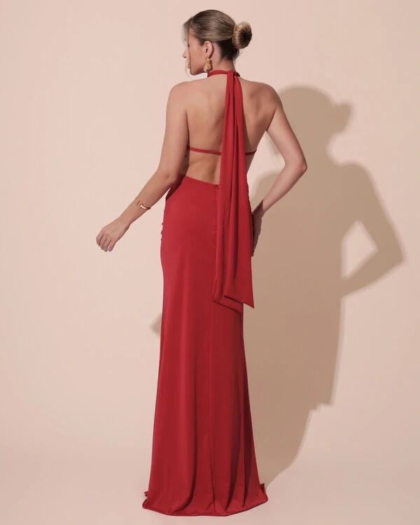 Vestido de Festa Longo Malha Jersey Gola Alta Saia Sereia Vermelho Escuro