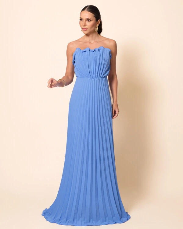 Vestido de Festa Longo Tomara que Caia Plissado Detalhe Azul Atlantis