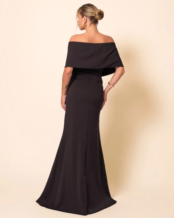 Vestido de Festa Longo Alfaiataria Ombro a Ombro Laço e Fenda Preto