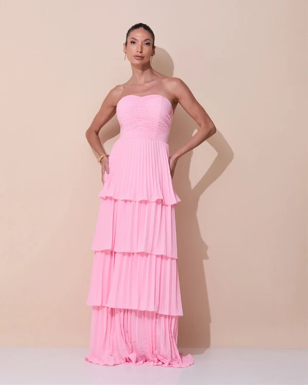 Vestido de Festa Longo Tomara que Caia Crepe Chiffon Plissado Camadas Rosa Claro