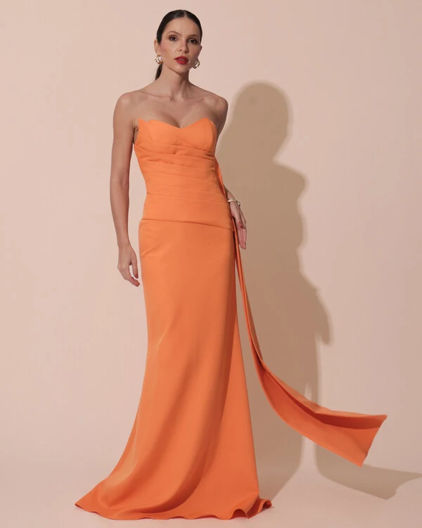 Vestido de Festa Longo Alfaiataria Tomara que Caia Drapeado Faixa Laranja