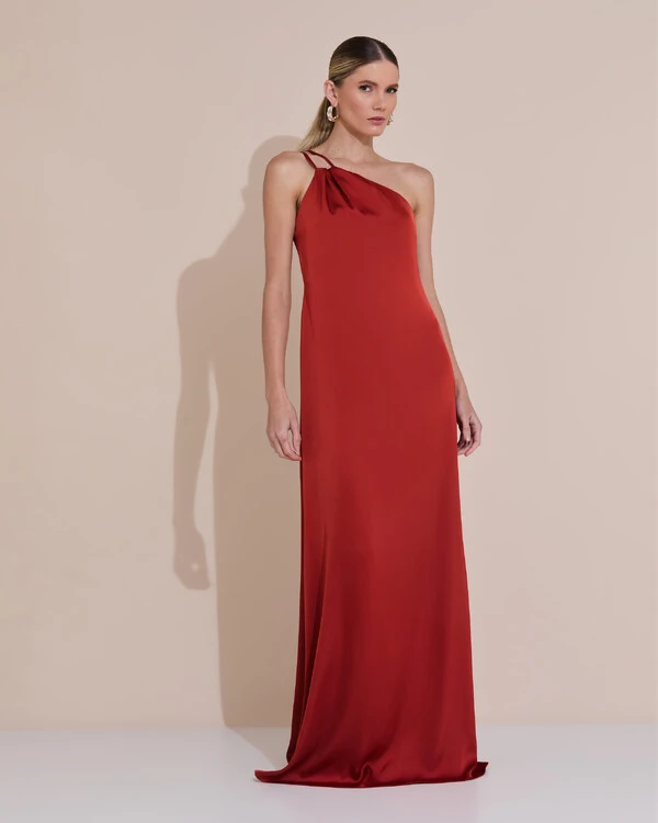 Vestido de Festa Longo em Cetim Fluido um Ombro Só com Lenço Terracota
