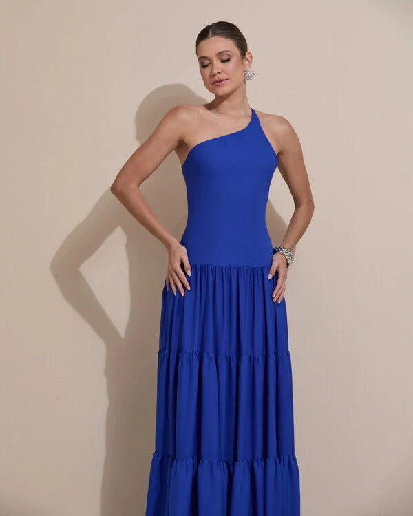 Vestido de Festa Longo Um ombro Só Crepe Chiffon Saia Fluida Azul Royal