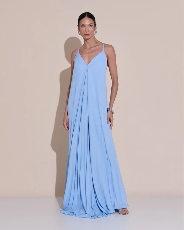 Vestido de Festa Longo Plissado Crepe Chiffon Decote V Alças Finas Serenity