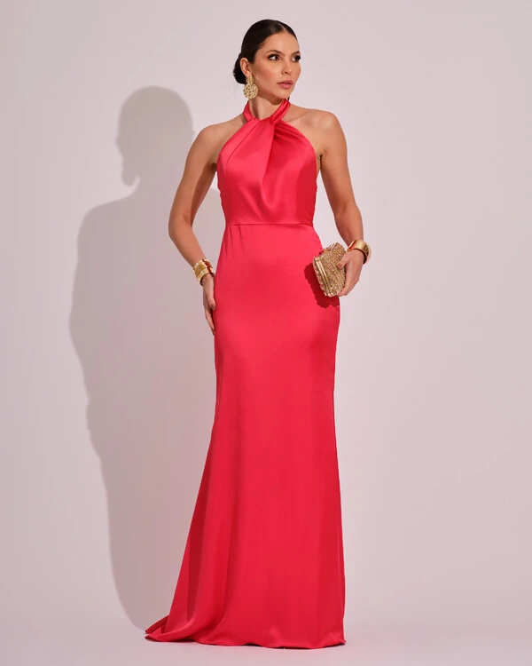 Vestido de Festa Longo em Cetim Alfaiataria com Elastano Frente Única Coral