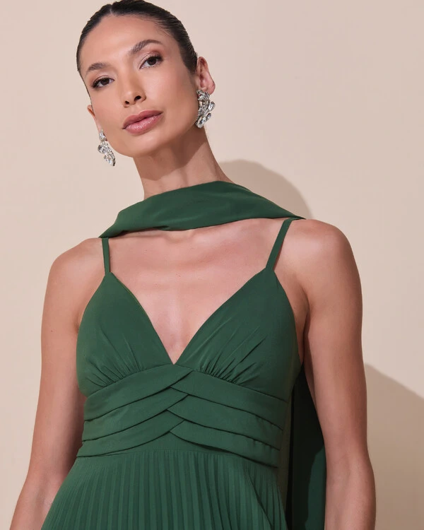 Vestido de Festa Longo Plissado Crepe Chiffon com Alça e Lenço Verde Escuro New