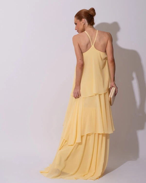 Vestido Longo Crepe Chiffon Babado em Camadas Amarelo Manteiga