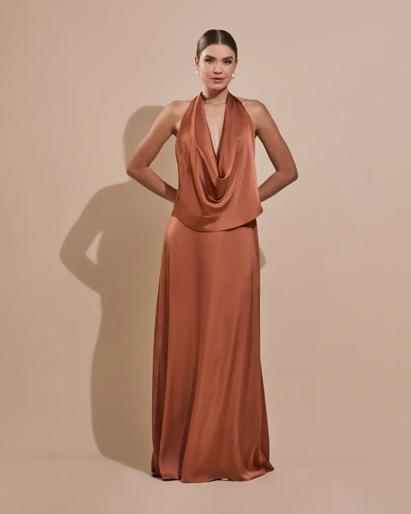 Vestido de Festa Longo Cetim Fluido Frente Única Degagê Mil Formas Mocha Mousse