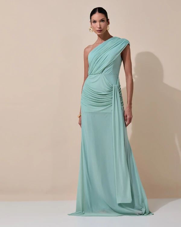 Vestido de Festa Longo Um Ombro Só Tule Drapeado Faixa Verde Menta