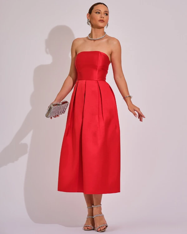Vestido Midi Tomara que Caia Zibeline Com Pregas Vermelho