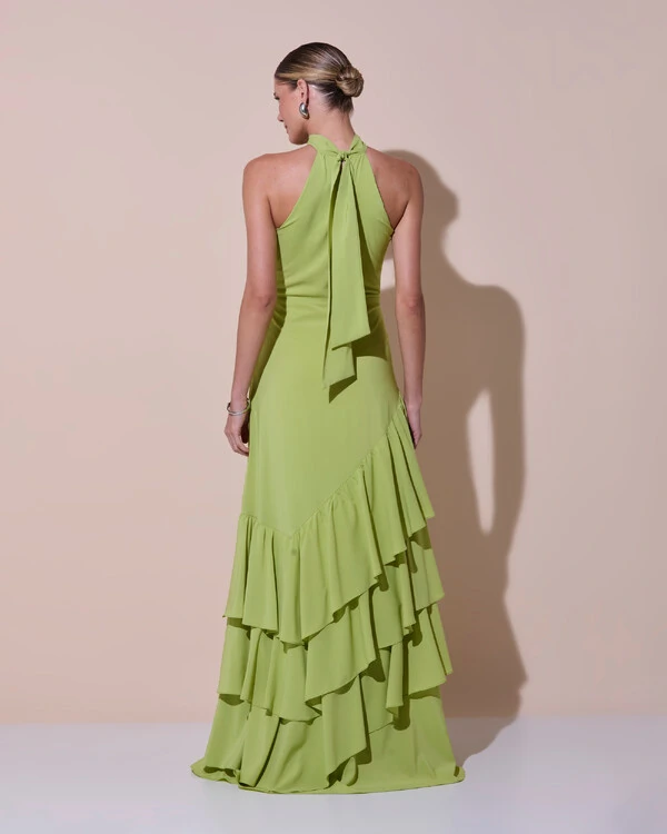 Vestido de Festa Longo Chiffon Crepe Gola Alta Babados Verde Claro