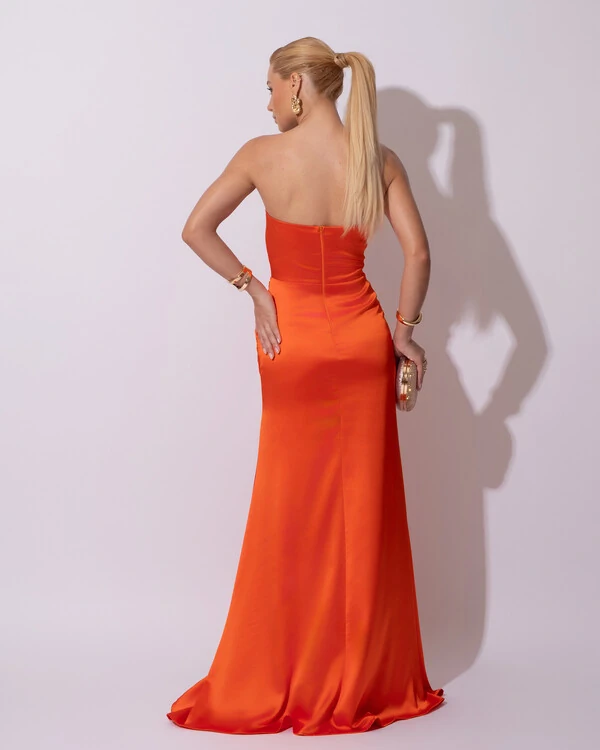 Vestido de Festa Longo Cetim Alfaiataria Tomara que Caia Fenda Laranja