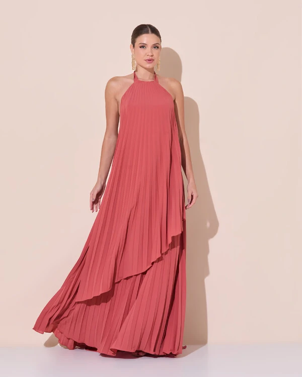 Vestidos de Festa Longo Chiffon Fluido Frente Única Plissado Duplo Terracota