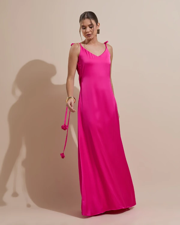 Vestido de Festa Longo Decote Degagê Costas Cetim Flores 3D Alças Pink