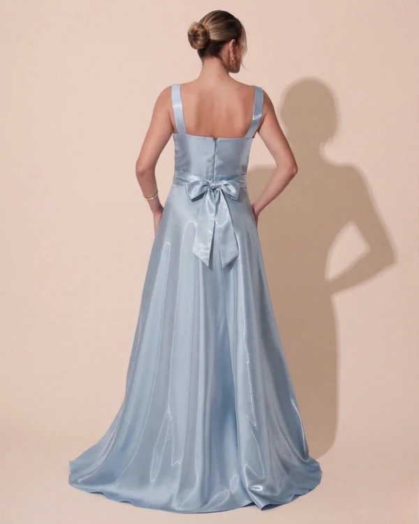 Vestido de Festa Longo Zibeline Cristal com Fenda e Faixa Azul Serenity