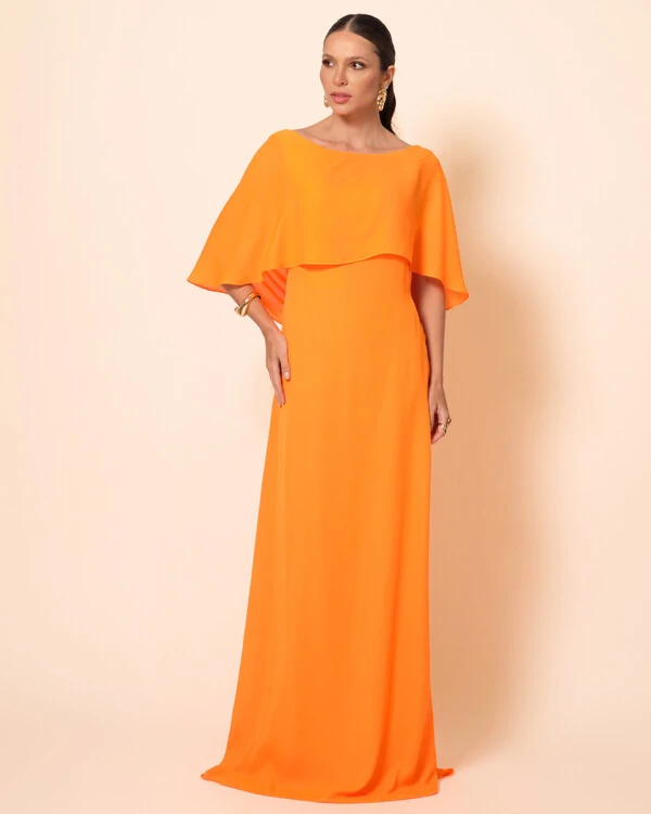 Vestido de Festa Longo Crepe Chiffon com Capa e Degagê nas Costas Laranja