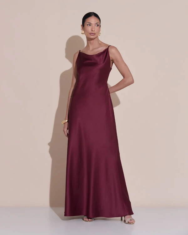 Vestido de Festa Midi Fivela Costas Cetim Marsala