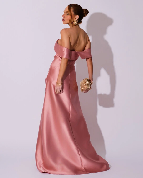 Vestido de Festa Longo Zibeline Ombro a Ombro Drapeado e Fenda Rose
