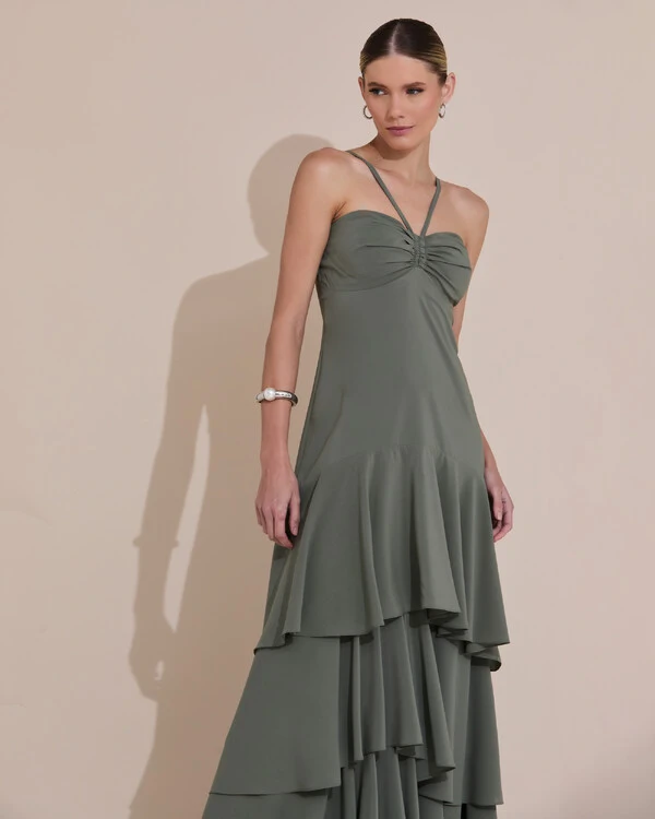 Vestido Longo Crepe com Babado em Camadas Verde Oliva