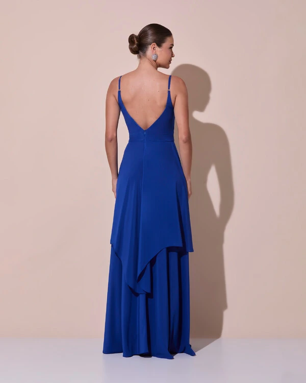 Vestido de Festa Longo Decote Coração Plissado Crepe Chiffon Babados Cascata Azul Royal