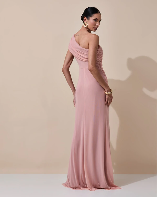 Vestido de Festa Longo Um Ombro Só Tule Drapeado Faixa Rose