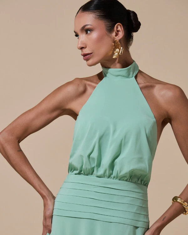 Vestido de Festa Longo Frente Única Busto Blousê Crepe Chiffon Drapeado Verde Menta