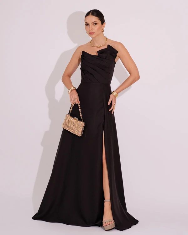 Vestido de Festa Longo Alfaiataria Tomara que Caia com Fenda Detalhe Preto