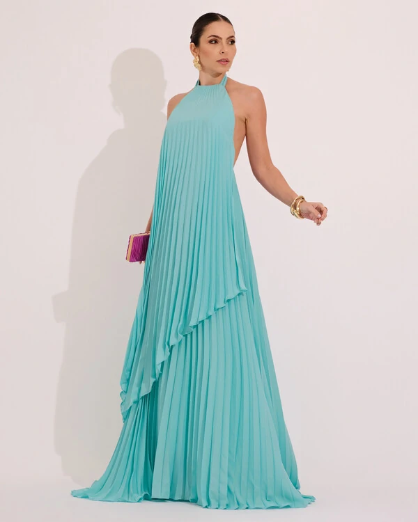 Vestidos de Festa Longo Chiffon Fluido Frente Única Plissado Duplo Tiffany