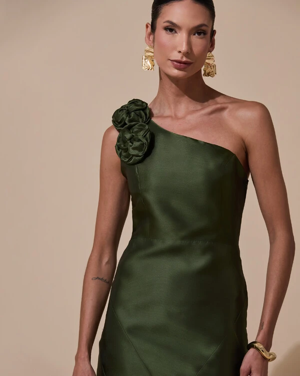 Vestido de Festa Longo Zibeline um Ombro Só Flor Removível Saia Sereia Verde Oliva New