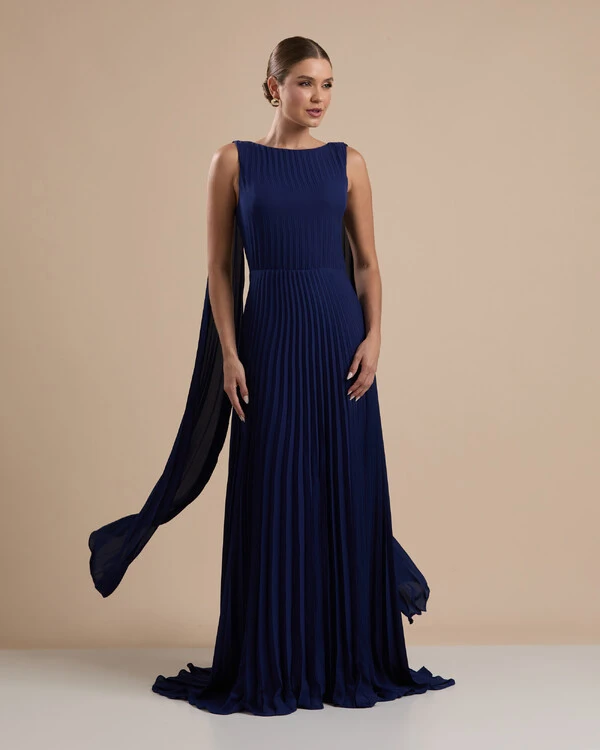 Vestido de Festa Longo Crepe Chiffon Plissado com Lenço nas Alças Azul Marinho