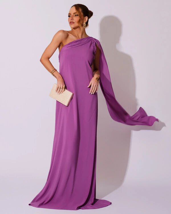 Vestido de Festa Longo Crepe Chiffon Um Ombro Só Drapeado Fúcsia